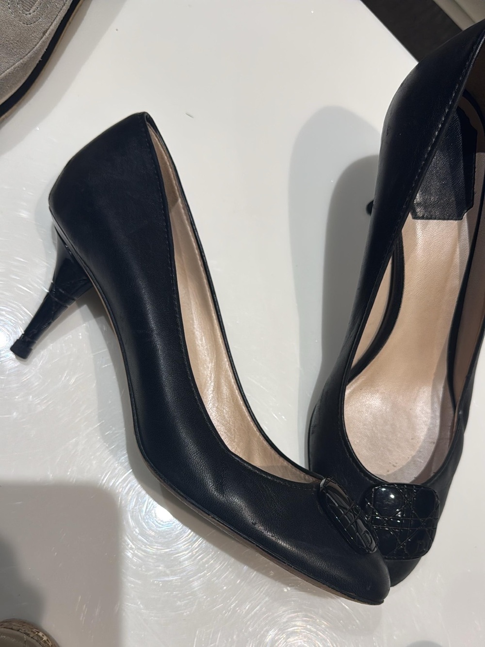 Dior Black Women's Leather Round-Toe Heels with Embossed Medallion
